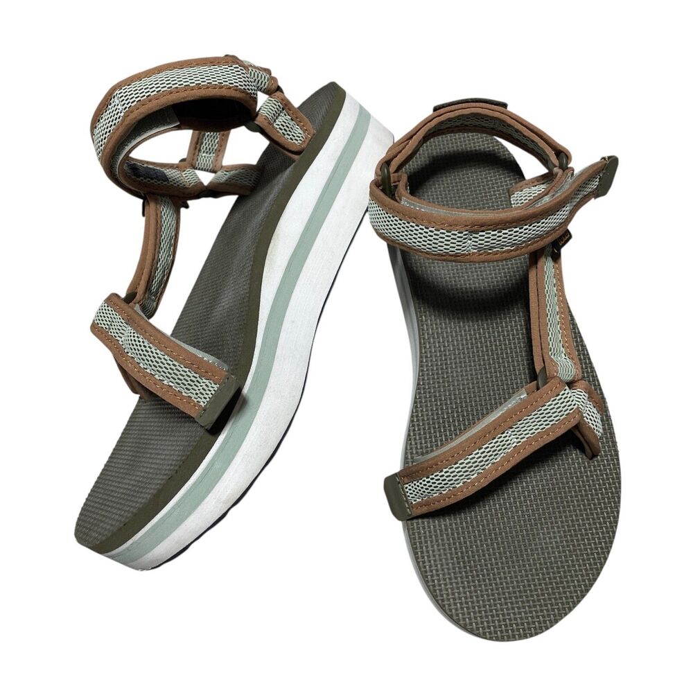 Teva Sandals 10 Flatform Universal Mesh Print Dark Olive Seafoam 1 3/4 Heel